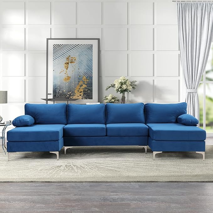 Casa Andrea Milano Modern Large Velvet Fabric U-Shape Sectional Sofa, Double Extra Wide Chaise Lounge Couch

