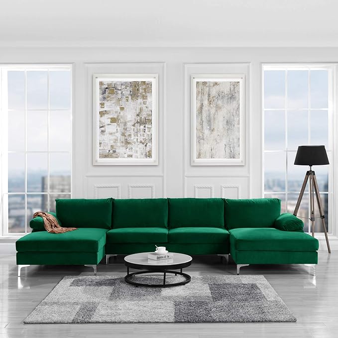 Casa Andrea Milano Modern Large Velvet Fabric U-Shape Sectional Sofa, Double Extra Wide Chaise Lounge Couch
