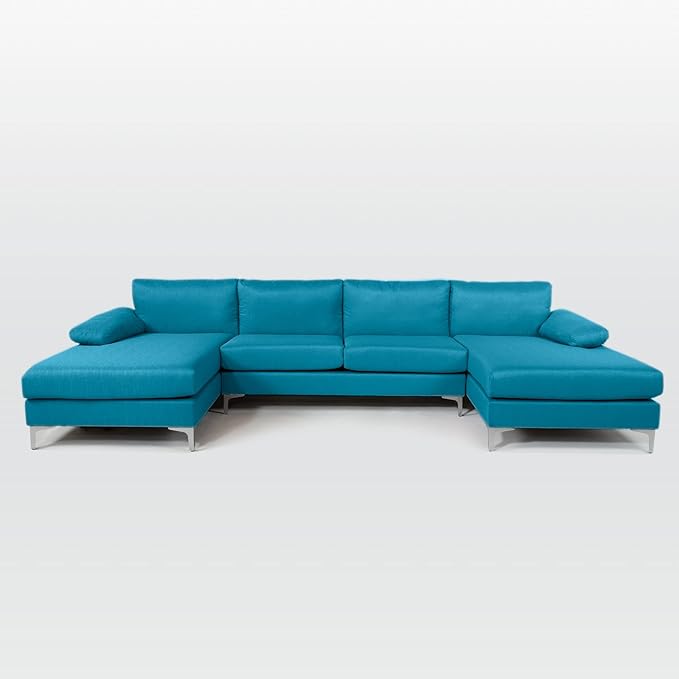Modern Large Linen Fabric U-Shape Sectional Sofa, Double Extra Wide Chaise Lounge Couch