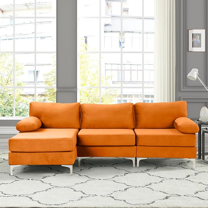Modern Velvet Fabric Sectional Sofa, L-Shape Couch with Extra Wide Chaise Lounge
